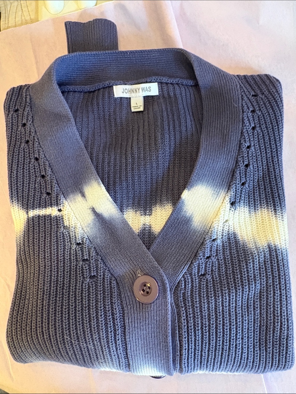 Johnny Was Navy Blue and White Tie-Dye Stretchy Cable Knit Button down Cardigan